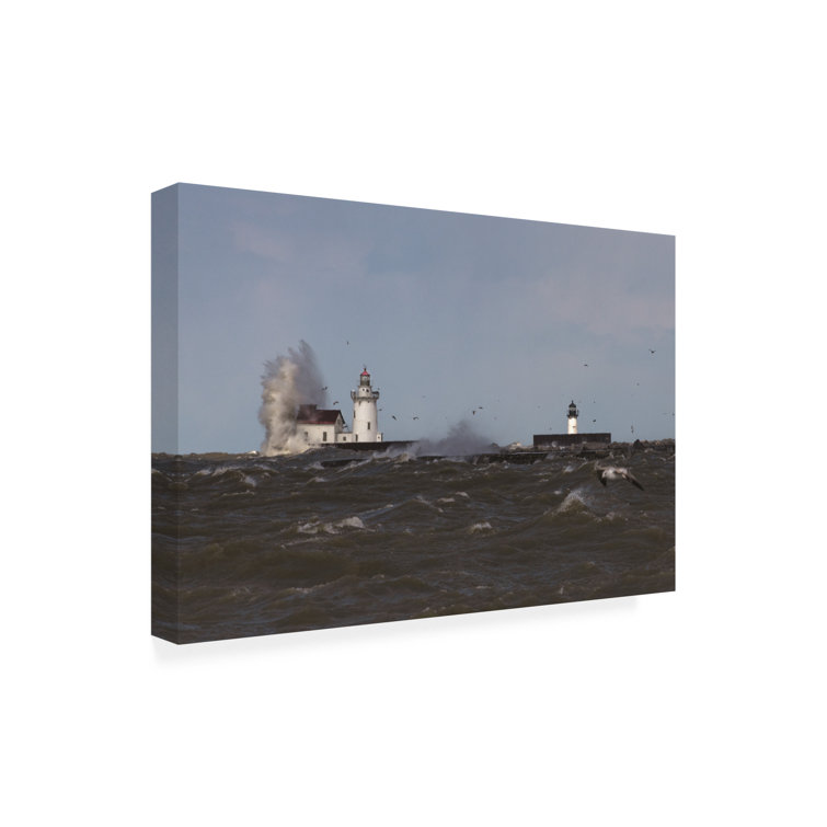 Breakwater Bay Stormy Lake Erie Lighthouse On Canvas by Kurt Shaffer